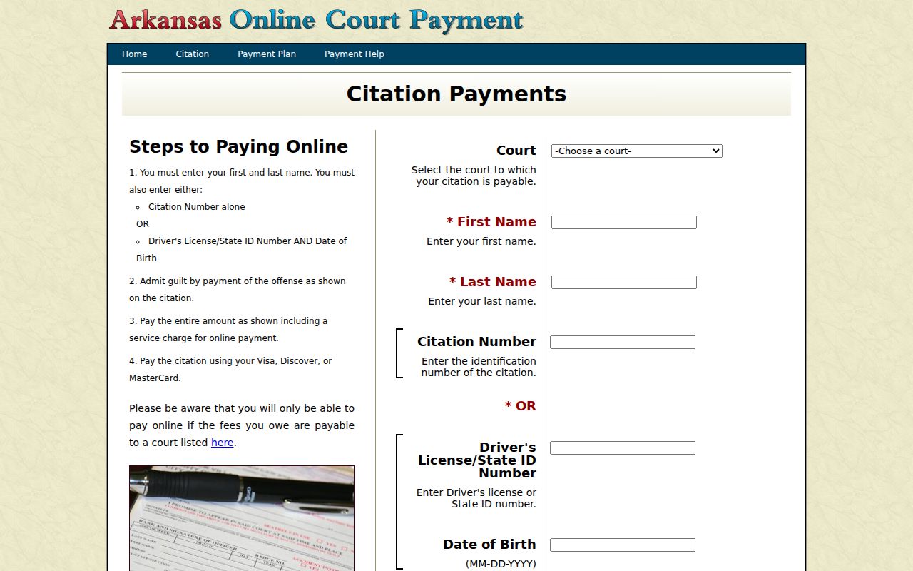 Woodruff County traffic ticket lookup fields in the Arkansas citation query